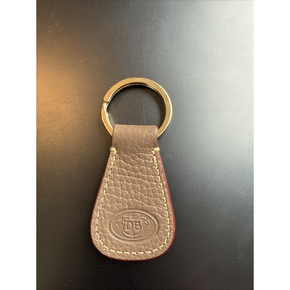 Dooney & Bourke Grey And Wine Leather Keychain  Gold Key Ring White Stitching
